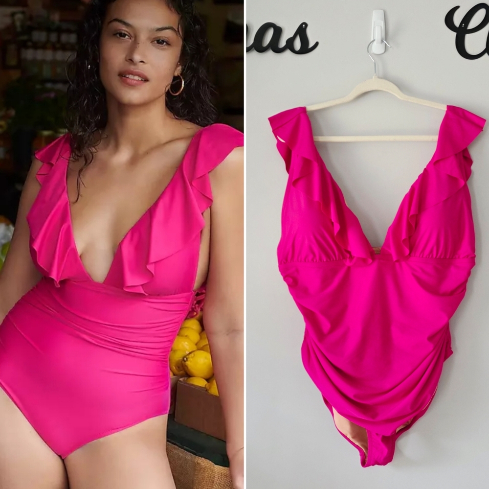 NWT J.Crew Ruched Ruffle One-Piece Swimsuit Radiant Fuchsia Size Plus 24